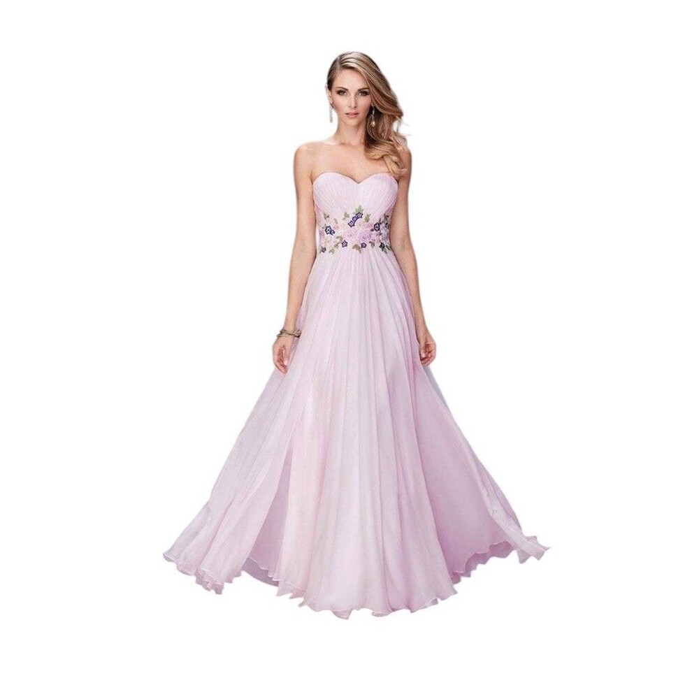 La Femme Floral Applique Ruched Sweetheart A-Line Gown In Pale Pink Size 6 NWT